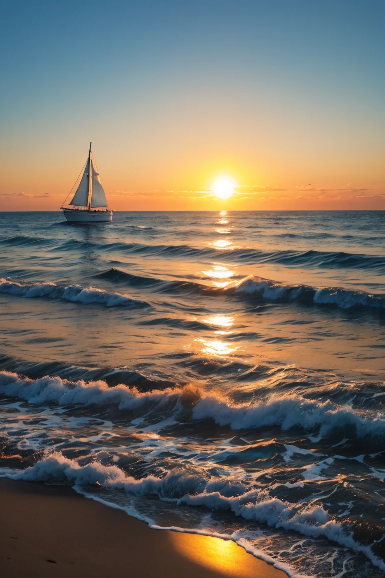 ocean shore, a sailboat is visible on the horizon. The sun is setting. 