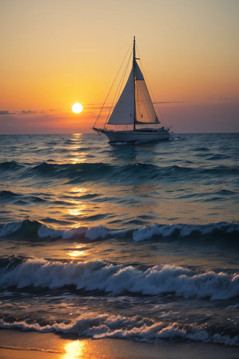 ocean shore, a sailboat is visible on the horizon. The sun is setting.