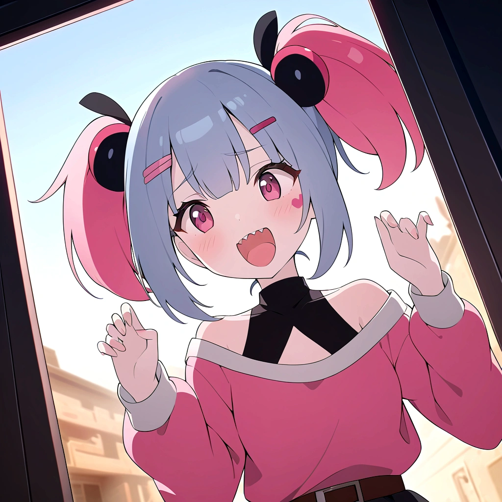 female\((sango\(pokemon\):1.5),age of 12,white skin,evil smile,open mouth,sharp teeth,long tongue,hair\(pink,twintails\),hairclip,shirt\(open shoulder,long sleeve\),skirt\(black,short\),brown belt,Eye corners\(pink\),narrow eyes\(gray\),very cute pose,breast\), BREAK ,background\(simple,dark,pink heart marks\), BREAK ,quality\(8k,wallpaper of extremely detailed CG unit, ​masterpiece,hight resolution,top-quality,top-quality real texture skin,hyper realisitic,increase the resolution,RAW photos,best qualtiy,highly detailed,the wallpaper,cinematic lighting,ray trace,golden ratio\),(dynamic angle),(close up of face),[nsfw:2.0]