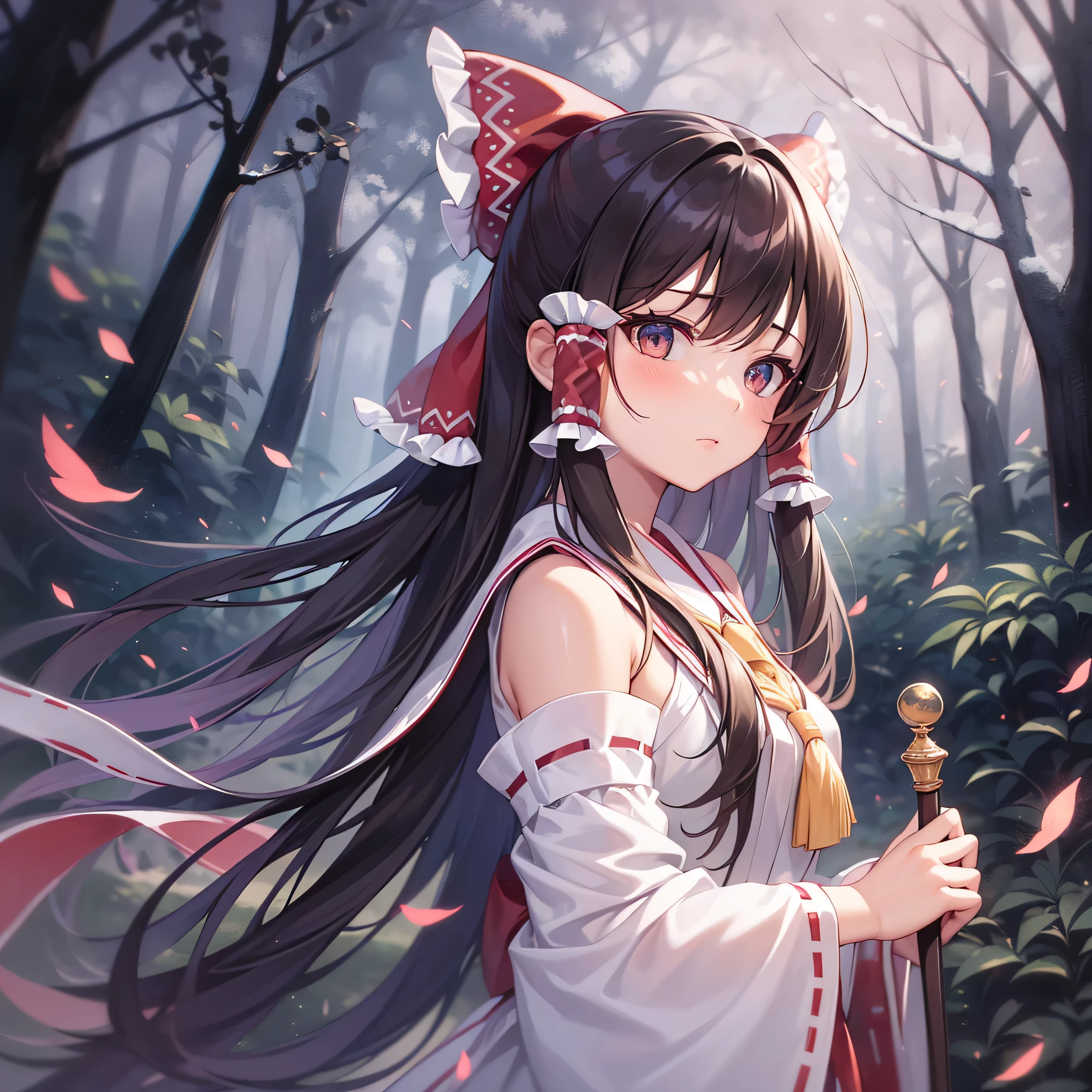 detailed background, masterpiece, best quality, 1girl, solo, hakurei reimu, brown hair, hair tubes, hair ribbon, brown eyes, nontraditional miko, a forest full of purple and white trees, fireflies, water, purple theme, white theme, mystical, magical,