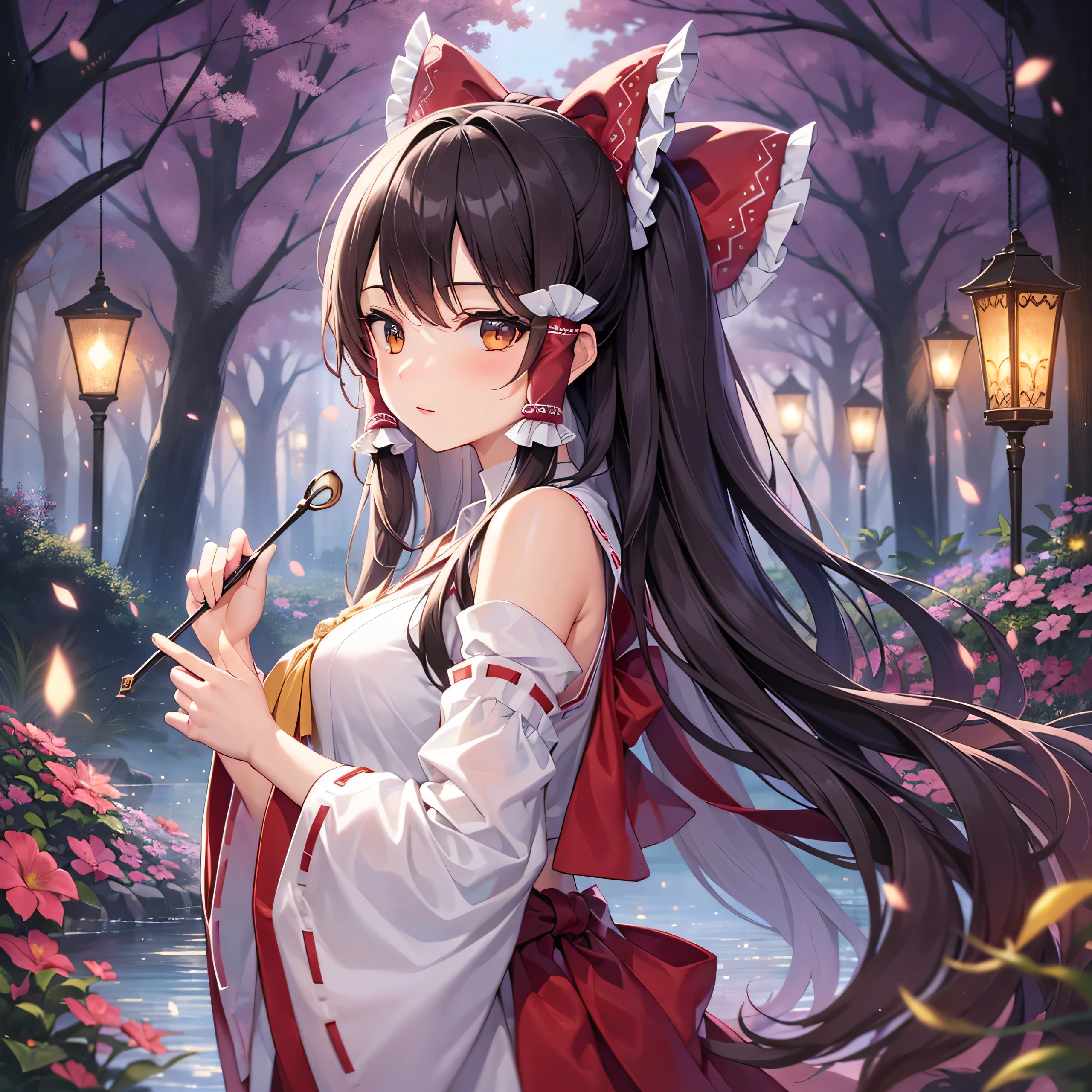 detailed background, masterpiece, best quality, 1girl, solo, hakurei reimu, brown hair, hair tubes, hair ribbon, brown eyes, nontraditional miko, a forest full of purple and white trees, fireflies, water, purple theme, white theme, mystical, magical,