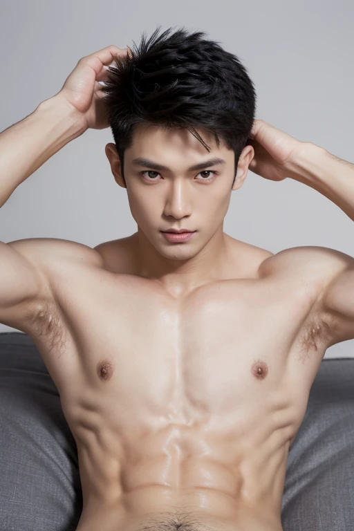 Japanese male model in a briefs, Full Body Shot, Quiff haircut, look at camera, detailed facial parts, Manly, muscular, Charmer, Active Boy, stand in front of gray background, Lifted arms, lying down, , pubes, Happression, perfect anatomy, symmetric body, asian boy 19 years old, shirtless :: high detail, asian, a little six packs attractive body, realistic, human skin, Short Hairstyle, handsome chad chin, shirtless, handsome, attractive, masculine, sexually attractan skin, (eyes contact), Handsome, Attractive