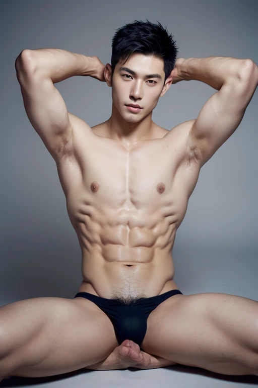 Japanese male model in a briefs, Full Body Shot, Quiff haircut, look at camera, detailed facial parts, Manly, muscular, Charmer, Active Boy, stand in front of gray background, Lifted arms, lying down, spread legs, pubes, Happy Expression, perfect anatomy, symmetric body, asian boy 19 years old, shirtless :: high detail, asian, a little six packs attractive body, realistic, human skin, Short Hairstyle, handsome chad chin, shirtless, handsome, attractive, masculine, sexually attractive, human skin, (eyes contact), Handsome, Attractive