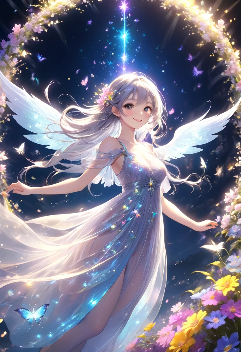 最高quality、1 womanエルフ NP: 最悪のquality ,flower fractal fine art Bigger on the front、 Beautiful sparkle,High-definition depiction, Realistic, 8k, Unity, ,Bold shots,Fairy Wings、虹colorに輝く翼、jump violently、Quick Movement、teleportation、Intense exercise、fly with wings、 light smile, Beautifully and vividly drawn, , Beautiful, beautiful, clear skin、A beautifully decorated magic wand with a sparkling glow、 dress , Beautiful Landscape、 Romanticism,mosquito。 The most beautiful form of chaos, Mr..々color, Intertwined flowers, P article,Magical gentle light,smile,,image quality、masterpiece、Beautiful Face、Super beautiful elf woman((Big breasted 22 year old office lady、Bust 90,Beautiful long ironed hair、Silver Hair、height: 165cm。、Esbian、、高quality、、Visual Arts、最high quality、1 womanエルフ NP: Worst quality ,Flower fractal art Marble pillar、、、light、Beautiful radiance,High-definition depiction, Realistic, 8k, Unity, , light smile, Beautifully and vividly drawn, , Beautiful, beautiful, clear skin、 ((see-through bodystocking,))Countless rays of light pouring down, Swirling Light, big background, , Intense light is emitted from the magic flower circle in front of the girl. Romanticism,Cowboy Shot: quality