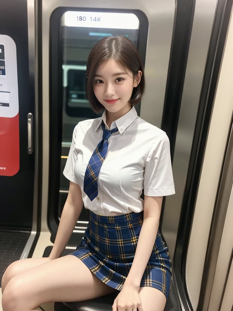 A gorgeous Chinese lady, 18-year-old , sitting in a Singapore MRT train at night, wearing a white short-sleeve blouse, plaid tie, and plaid skirt, with a youthful, smooth complexion, symmetrical face,beautiful detailed eyes and lips, long eyelashes, a slender figure, and a friendly, approachable smile. She has short hair and a confident, poised demeanor. The background is blurred with a Bokeh effect. (best quality,4k,8k,highres,masterpiece:1.2),ultra-detailed,(realistic,photorealistic,photo-realistic:1.37),HDR,UHD,studio lighting,ultra-fine painting,sharp focus,physically-based rendering,extreme detail description,professional,vivid colors,bokeh