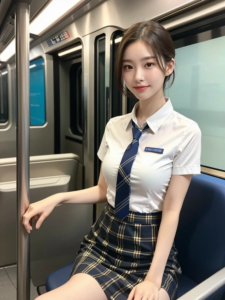 A gorgeous Chinese lady, 18-year-old , sitting in a Singapore MRT train at night, wearing a white short-sleeve blouse, plaid tie, and plaid skirt, with a youthful, smooth complexion, symmetrical face,beautiful detailed eyes and lips, long eyelashes, a slender figure, and a friendly, approachable smile. She has short hair and a confident, poised demeanor. The background is blurred with a Bokeh effect. (best quality,4k,8k,highres,masterpiece:1.2),ultra-detailed,(realistic,photorealistic,photo-realistic:1.37),HDR,UHD,studio lighting,ultra-fine painting,sharp focus,physically-based rendering,extreme detail description,professional,vivid colors,bokeh