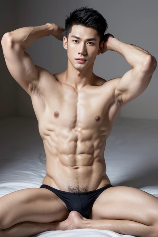 Japanese male model in a briefs, Full Body Shot, Quiff haircut, look at camera, detailed facial parts, Manly, muscular, Charmer, Active Boy, stand in front of gray background, Lifted arms, lying down, spread legs, pubes, Happy Expression, perfect anatomy, symmetric body, asian boy 19 years old, shirtless :: high detail, asian, a little six packs attractive body, realistic, human skin, Short Hairstyle, handsome chad chin, shirtless, handsome, attractive, masculine, sexually attractive, human skin, (eyes contact), Handsome, Attractive