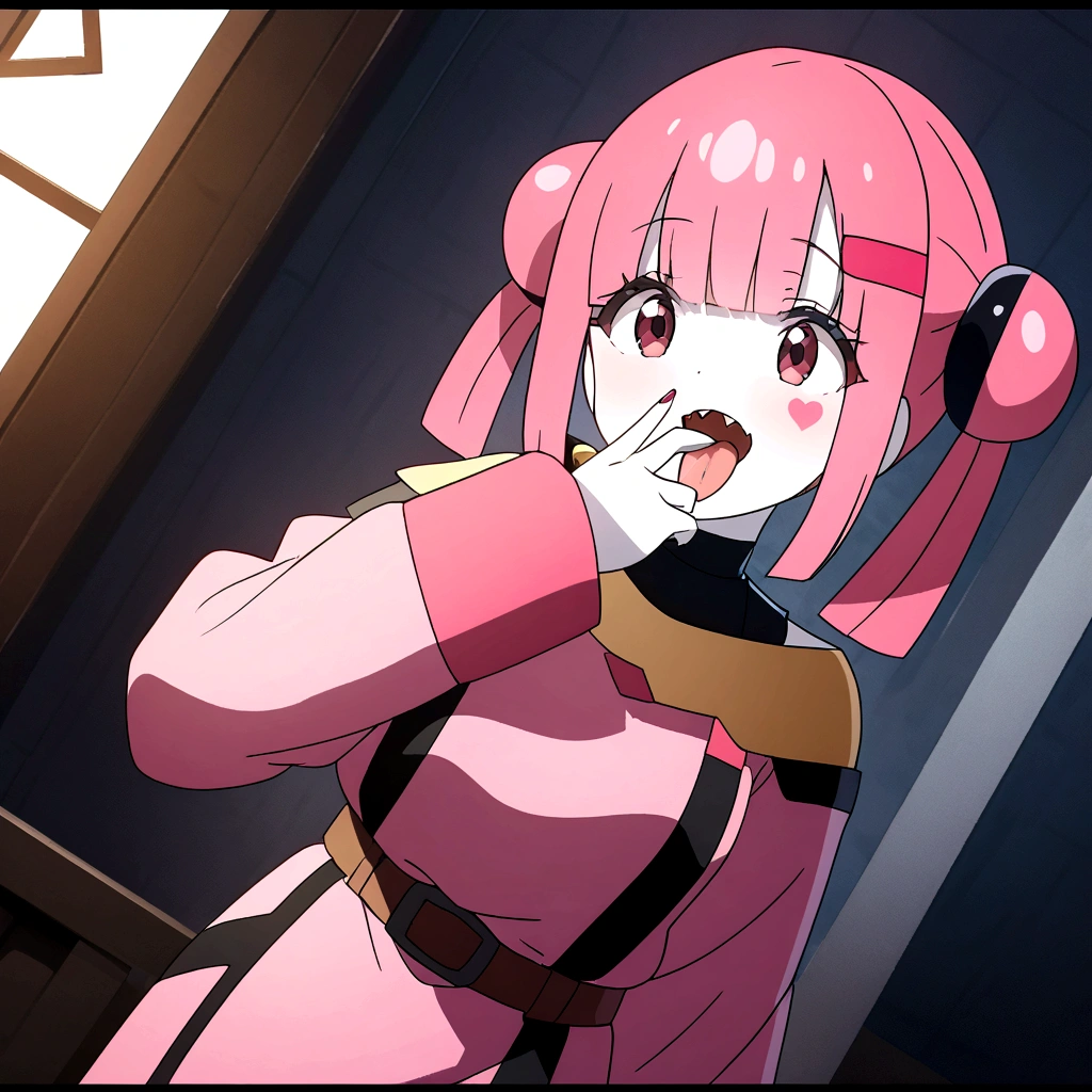 female\((sango\(pokemon\):1.5),,white skin,evil smile,open mouth,sharp teeth,long tongue,hair\(pink,twintails\),hairclip,shirt\(open shoulder,long sleeve\),skirt\(black,short\),brown belt,Eye corners\(pink\),narrow eyes\(gray\),very cute pose,breast\), ,background\(simple,dark,pink heart marks\), BREAK ,quality\(8k,wallpaper of extremely detailed CG unit, ​masterpiece,hight resolution,top-quality,top-quality real texture skin,hyper realisitic,increase the resolution,RAW photos,best qualtiy,highly detailed,the wallpaper,cinematic lighting,ray trace,golden ratio\),(dynamic angle),(close up of face),[nsfw:2.0]