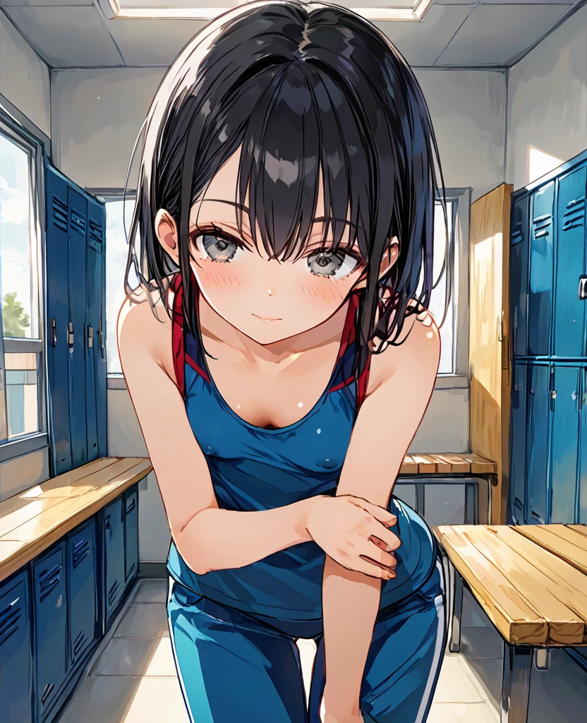((1girl)), locker room, There is no one around, evening, Sunset is shining through the window, nsfw, masterpiece, 8k, Girl, Small breasts, 12yo, Light, god々Shii, まぶShii, Black Hair ,Very troubled face, blush, Changing clothes, In the middle of taking off your pants, Leaning forward, Cleavage, front, Nipples visible from chest,Move the camera closer to your chest