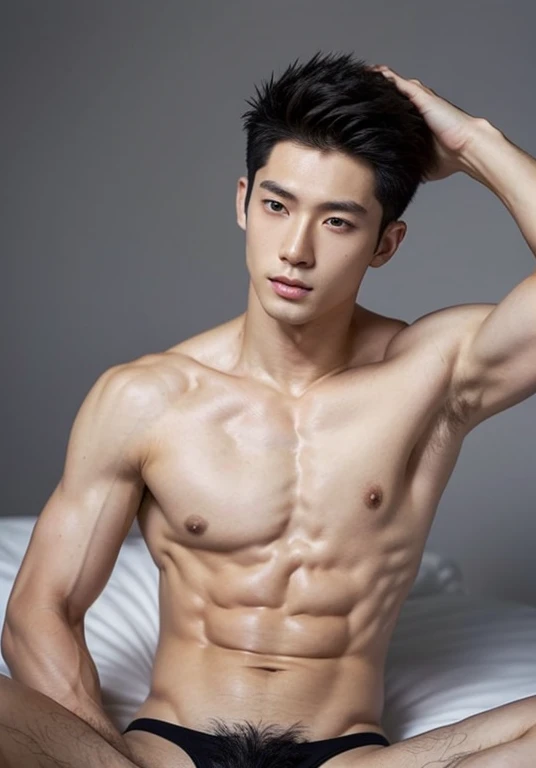 Japanese male model in a briefs, Full Body Shot, Quiff haircut, look at camera, detailed facial parts, Manly, muscular, Charmer, Active Boy, stand in front of gray background, Lifted arms, lying down, spread legs, pubes, Happy Expression, perfect anatomy, symmetric body, asian boy 19 years old, shirtless :: high detail, asian, a little six packs attractive body, realistic, human skin, Short Hairstyle, handsome chad chin, shirtless, handsome, attractive, masculine, sexually attractive, human skin, (eyes contact), Handsome, Attractive