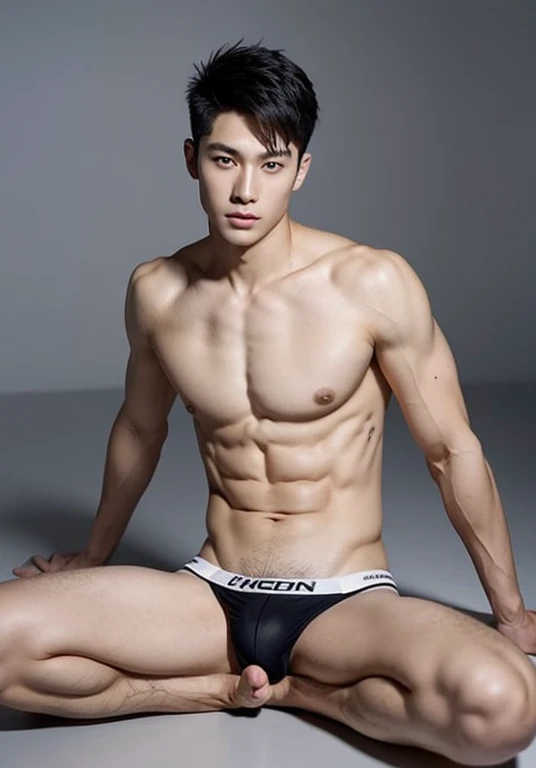 Japanese male model in a briefs, Full Body Shot, Quiff haircut, look at camera, detailed facial parts, Manly, muscular, Charmer, Active Boy, stand in front of gray background, Lifted arms, lying down, spread legs, pubes, Happy Expression, perfect anatomy, symmetric body, asian boy 19 years old, shirtless :: high detail, asian, a little six packs attractive body, realistic, human skin, Short Hairstyle, handsome chad chin, shirtless, handsome, attractive, masculine, sexually attractive, human skin, (eyes contact), Handsome, Attractive