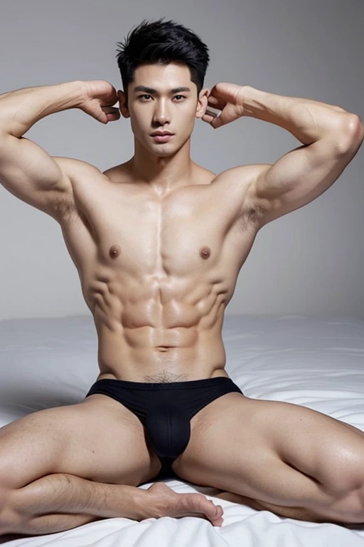 Japanese male model in a briefs, Full Body Shot, Quiff haircut, look at camera, detailed facial parts, Manly, muscular, Charmer, Active Boy, stand in front of gray background, Lifted arms, lying down, spread legs, pubes, Happy Expression, perfect anatomy, symmetric body, asian boy 19 years old, shirtless :: high detail, asian, a little six packs attractive body, realistic, human skin, Short Hairstyle, handsome chad chin, shirtless, handsome, attractive, masculine, sexually attractive, human skin, (eyes contact), Handsome, Attractive