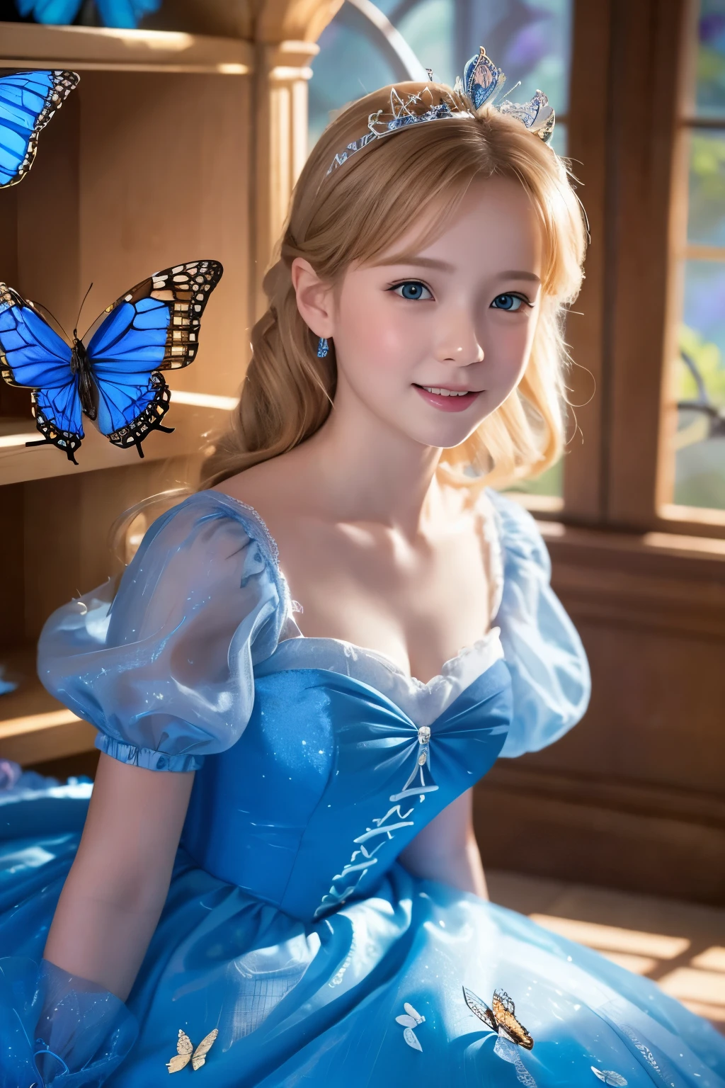 Highly detailed and realistic photos in Disney style, A character resembling a young Cinderella appears. The image shows、It shows little Cinderella in a sparkling blue dress.。, Surrounded by glowing butterflies. She sits on a magical petal-strewn shelf, Dreamy environment. the scene is softly lit, Mysterious Light, Creates a charming and whimsical atmosphere. When Cinderella meets a butterfly、A look of surprise and joy on one&#39;s face。. The background is soft and blurred、Elsa and the butterfly々Focus on。. --750 pieces --Less than 6 pieces