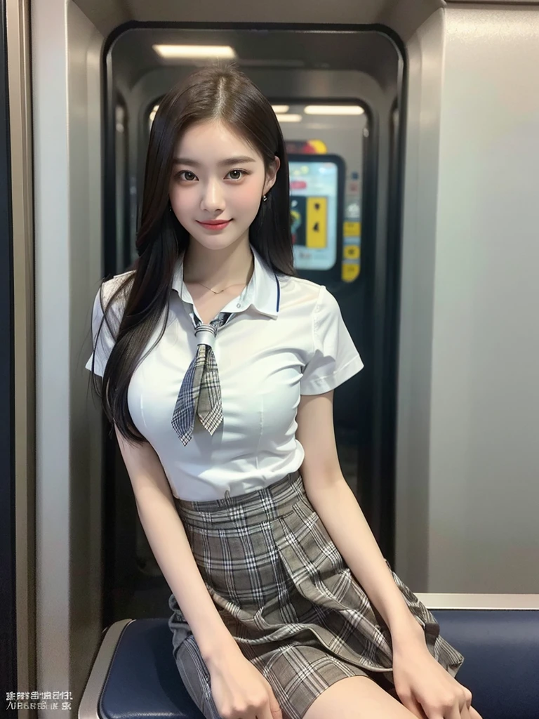 A gorgeous Chinese lady, 15-year-old , sitting in a Singapore MRT train at night, wearing a white short-sleeve blouse, plaid tie, and plaid skirt, with a youthful, smooth complexion, symmetrical face,beautiful detailed eyes and lips, long eyelashes, a slender figure, and a friendly, approachable smile. She has short hair and a confident, poised demeanor. The background is blurred with a Bokeh effect. (best quality,4k,8k,highres,masterpiece:1.2),ultra-detailed,(realistic,photorealistic,photo-realistic:1.37),HDR,UHD,studio lighting,ultra-fine painting,sharp focus,physically-based rendering,extreme detail description,professional,vivid colors,bokeh