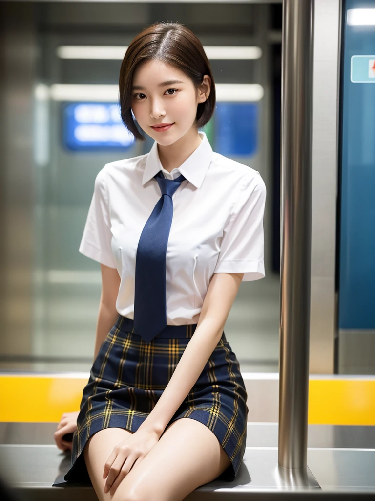 A gorgeous Chinese lady, 15-year-old , sitting in a Singapore MRT train at night, wearing a white short-sleeve blouse, plaid tie, and plaid skirt, with a youthful, smooth complexion, symmetrical face,beautiful detailed eyes and lips, long eyelashes, a slender figure, and a friendly, approachable smile. She has short hair and a confident, poised demeanor. The background is blurred with a Bokeh effect. (best quality,4k,8k,highres,masterpiece:1.2),ultra-detailed,(realistic,photorealistic,photo-realistic:1.37),HDR,UHD,studio lighting,ultra-fine painting,sharp focus,physically-based rendering,extreme detail description,professional,vivid colors,bokeh