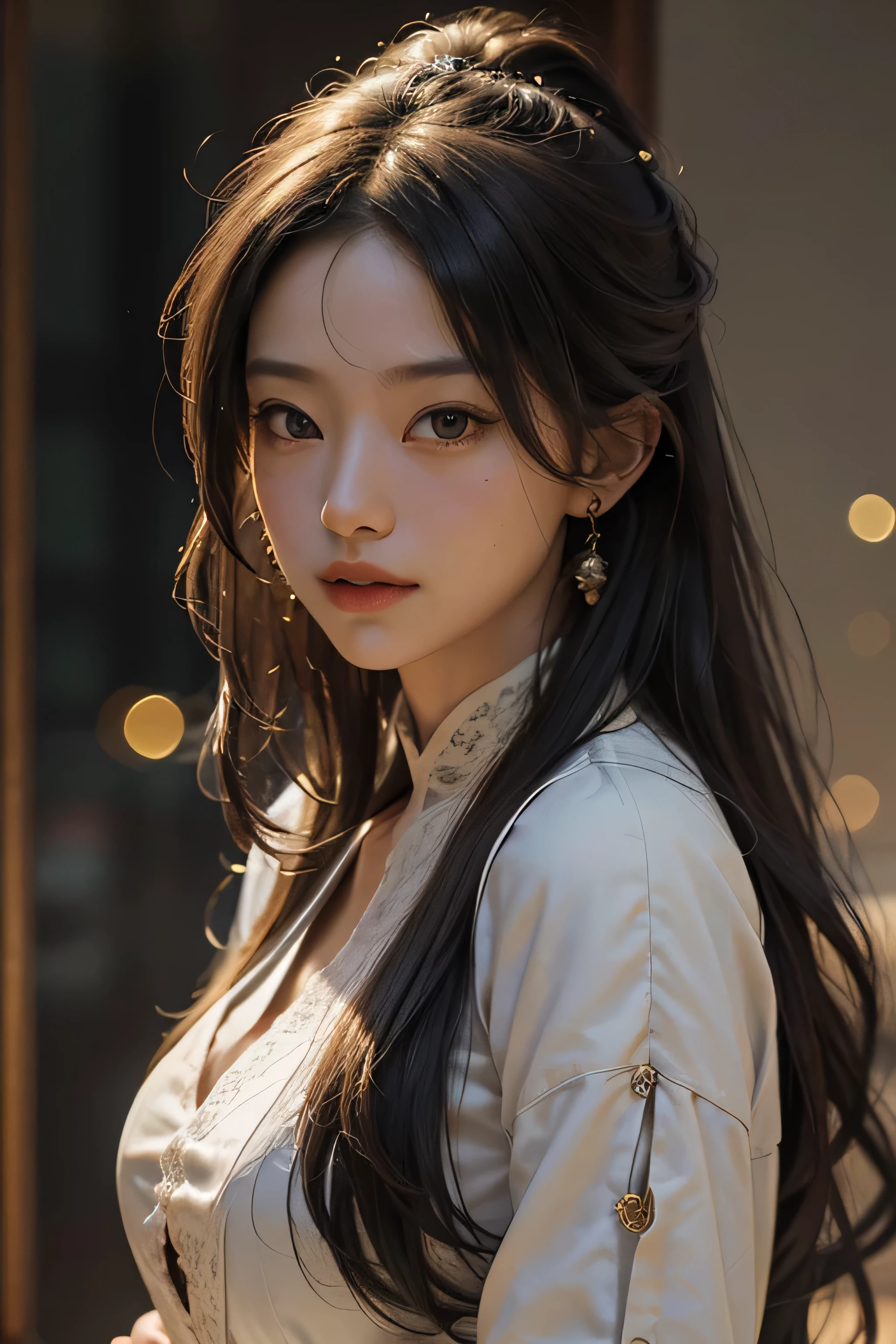 NSFW，（RAW photo，best quality），（Realistic，Realistic photos：1.3），best quality，very detailed，master piece，super detailed，enlightenment，1 girl，upper_body，dynamic angle，Masterpiece theater of the world，Messy_length_hair，best quality，Very detailed CG Unity 8K wallpaper，ink，amazing，cinematic lighting，lens_flare，Dunhuang_style，That&#39;s a perfect face，delicate face，eye，milky white skin，Dusk background（Red sunset，1.5），ancient China，calm and mature，Draped with hair
