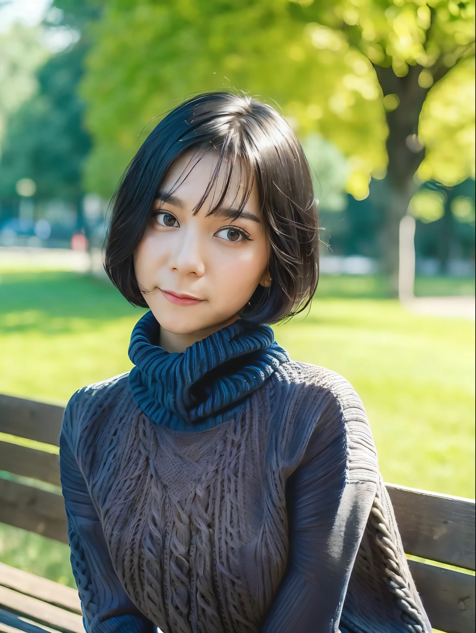 pureerosface_v1:0.3, best quality, photorealistic, 8k, high res, full color, 1girl, woman, 20 years old woman, (closed mouth:1.7), (skindentation), (portrait:0.6), trees, park bench, daylight, ((park background:1.52)), full color, ((necksweater:1.68)), looking at viewer:1.8, (1girl eyes looking at viewer:1.55), (short-length hair, blackhair, partedhair:1.45), (bokeh),