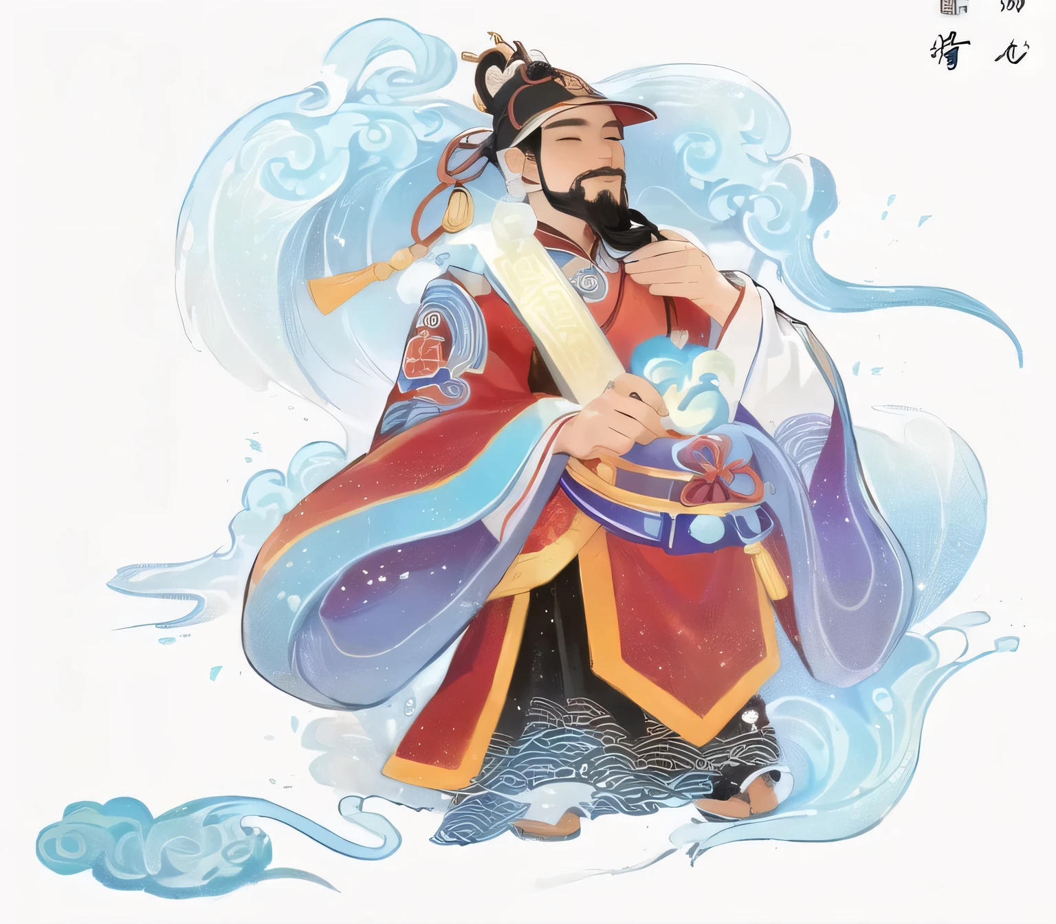 Alafd image，A man in a red robe holding a jade ruyi, Wearing an official hat, there are waves behind, Taoist priest, Inspired by Hu Zaobin, Inspired by Emperor Xuande, Inspired by Dong Yuan, Inspired by Gong Xian, Inspired by Huang Shen, Taoist master, Inspired by Wu Bin, Inspired by Pu Hua, inspired by Guan Daosheng