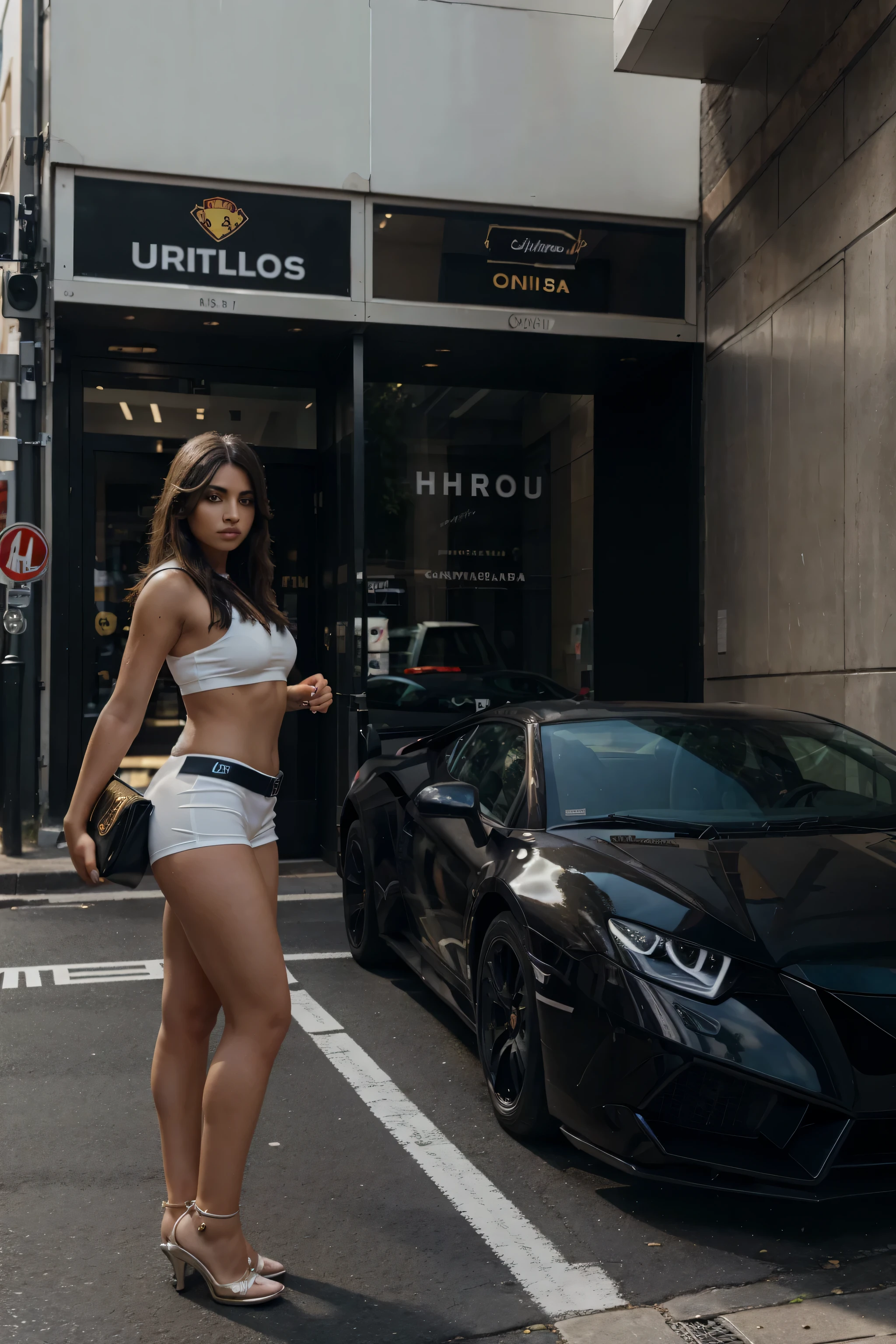 Ultra high resolution sharp eye black colour court suite weared girl standing with Lamborghini on United Kingdom street