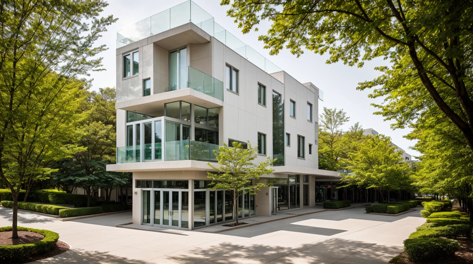 exterior of highrise hotel building, contemporary style, inspired of Norman Forster, glass with steel frame facade, 5 stars hotel design, beautiful landscape, stone pavement,cars, RAW photo, 8k uhd, dslr, soft lighting, high quality, film grain, Fujifilm XT3,masterpiece,