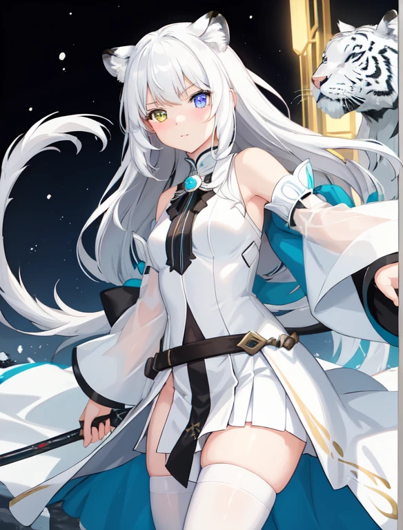 A young with a flat AA-size chest. She has heterochromia, her right eye is green, and her left eye is blue. Her features include snow-white hair fluttering behind her, ears of a white tiger atop her head, and a tail of a white tiger. She sports a flowing white cloak that billows behind her and dual-wields two white swords. Her stance is confident and mature, her expression focused and calm.