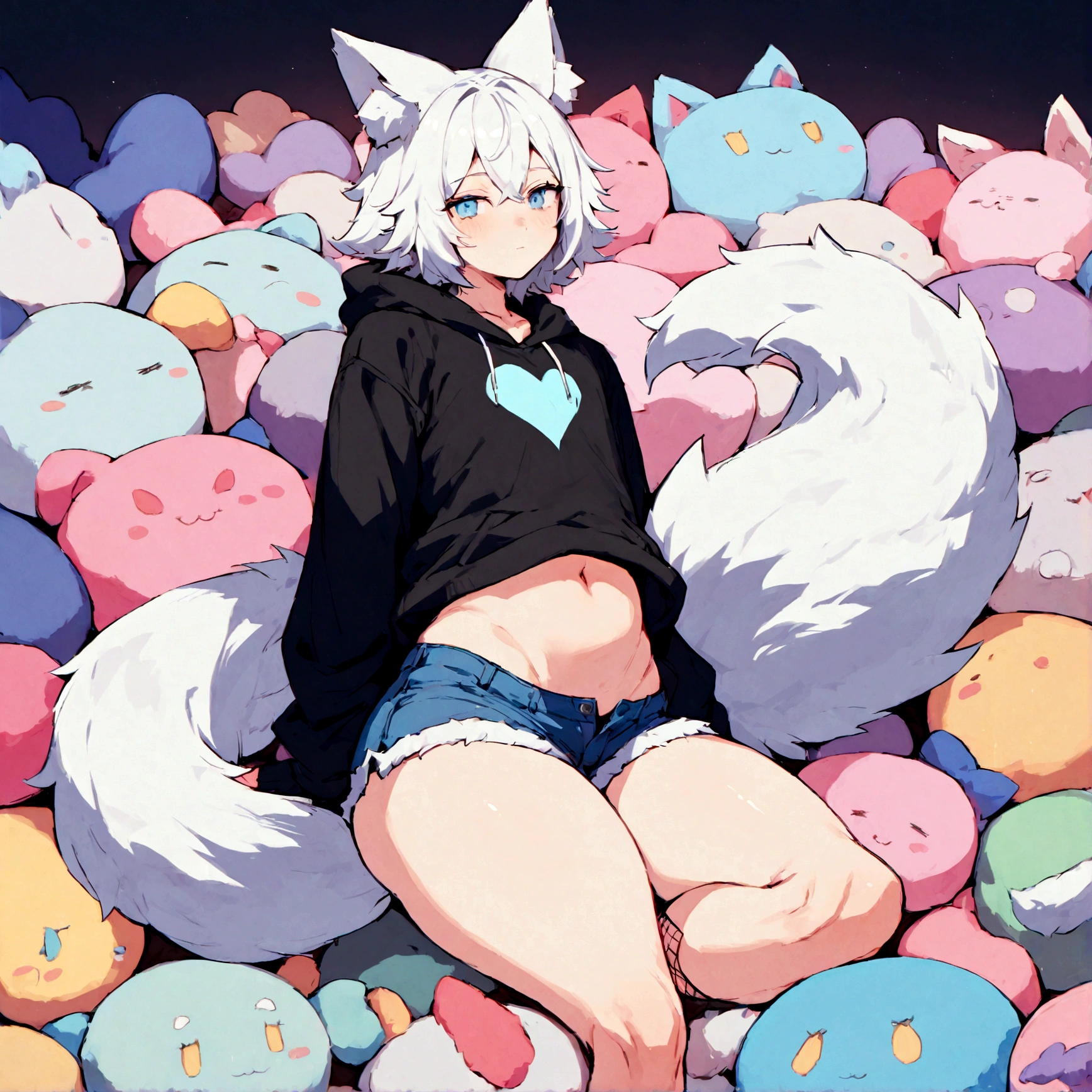 a cute adult male with wolf ears, white hair, has a wolf tail, wearing a loose cropped oversized black hoodie, wearing a pair of denim short shorts and fishnet stockings, thick thighs, wide hips, relaxing on mound of fluffy multi colored kawaii plushies, short, very slim, showing slender tummy, stretching out, heart on hoodie, squishy thighs, has glowing blue eyes. alone, solo (ALONE)(SOLO)