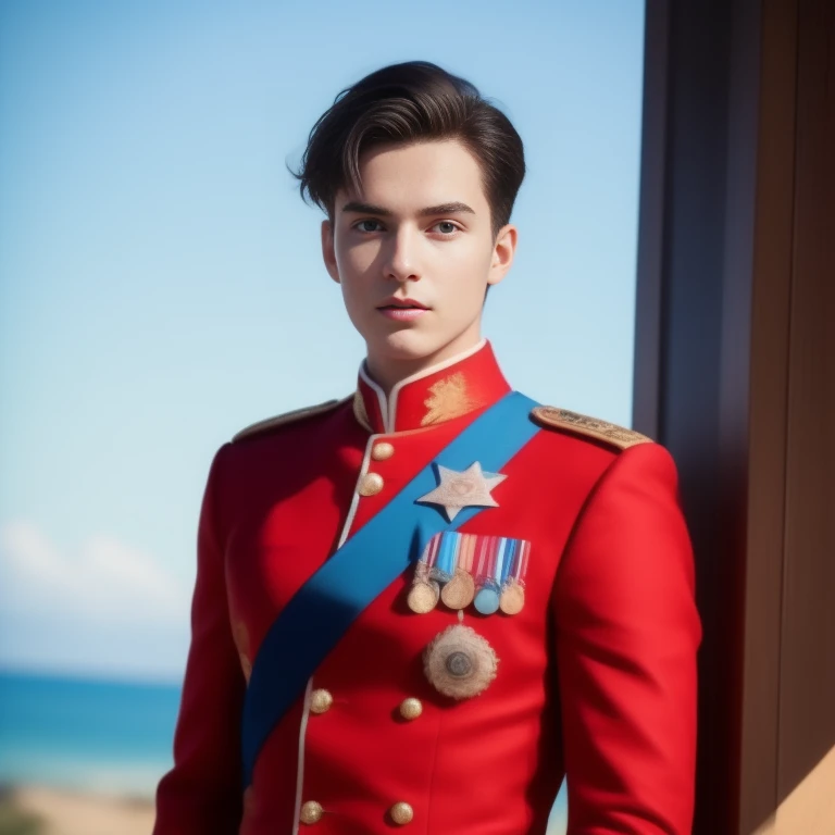 Aaraf man in a red robe with a blue sash, beautiful androgynous prince, The delicate androgynous prince, beautiful little prince, handsome prince, By Emma Andijewska, Inspired by Kristian Kreković, Roman Chipunov, young tsar, Wearing a red captain&#39;s uniform, By Elena Guru, In full military uniform