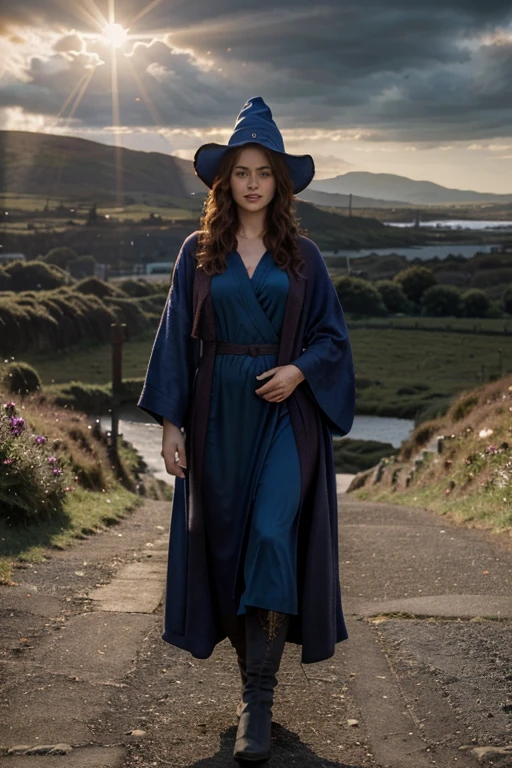 detailed cinematic full body shot of a 35 year old woman with reddish curly hair wearing a blue robe, pointy witch wizard hat, in an irish landscape, intricate celtic knot patterns, dramatic cloudy sky, sunlight rays, golden hour, hyperrealistic, photorealistic, 8k, masterpiece