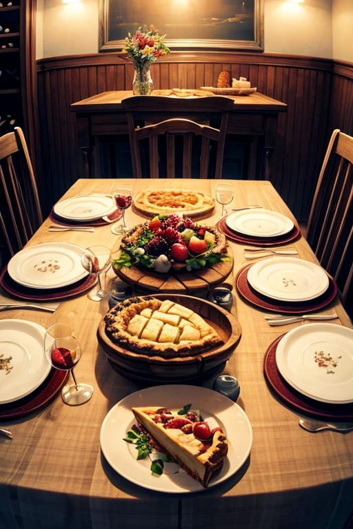 dining table, there are dishes on the table, Wine glasses, pie, fruits, wine, flowers.