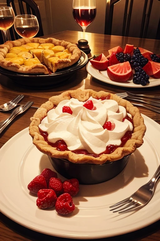 dining table, there are dishes on the table, Wine glasses, pie, fruits, wine, flowers. 