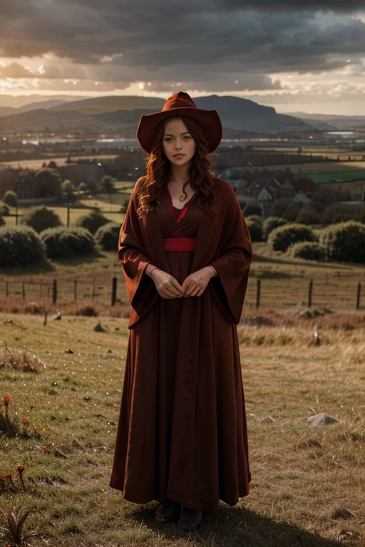 detailed cinematic full body shot of a 35 year old woman with reddish curly hair wearing a red robe, pointy witch wizard hat, in an irish landscape, intricate celtic knot patterns, dramatic cloudy sky, sunlight rays, golden hour, hyperrealistic, photorealistic, 8k, masterpiece
