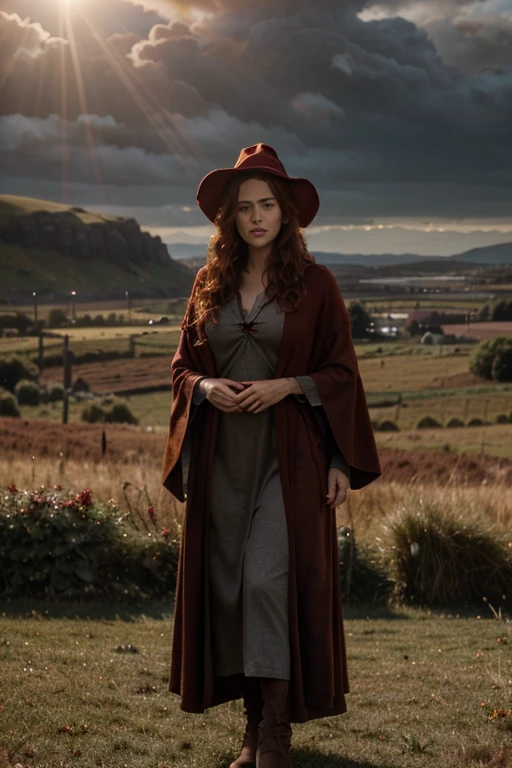 detailed cinematic full body shot of a 35 year old woman with reddish curly hair wearing a red robe, pointy witch wizard hat, in an irish landscape, intricate celtic knot patterns, dramatic cloudy sky, sunlight rays, golden hour, hyperrealistic, photorealistic, 8k, masterpiece