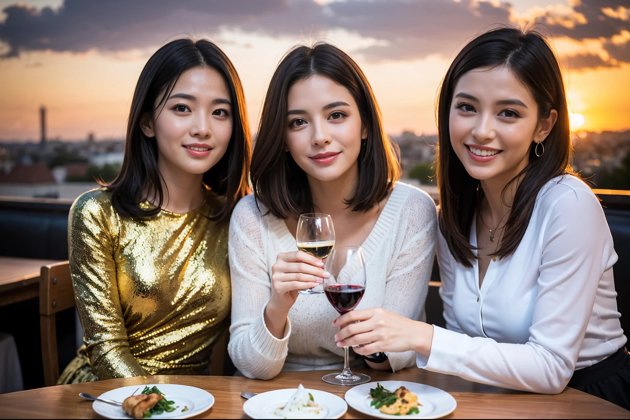 ((highest quality、8k、masterpiece:1.3))、1 male 1 female、Lovers、beautiful couple、Happy Smile、 (Slim face), (The body is スリム), (Brown Hair), (Shortcuts), ((Bob Hale、Straight hair:1.2)), テーブルの上のwine glass、Please put light on my face、 Amazing view of the sunset sky and clouds、The wonderfulness of smiles、 (43 years old), 39 years old, red wine 、Appetizers、Italian food、Wine bottle、Champagne、sparkling wine、Long sleeve shirt、dress、restaurant, Nova Frog Style, actress, model, Upper Body, White wine, red wine, wine glass,