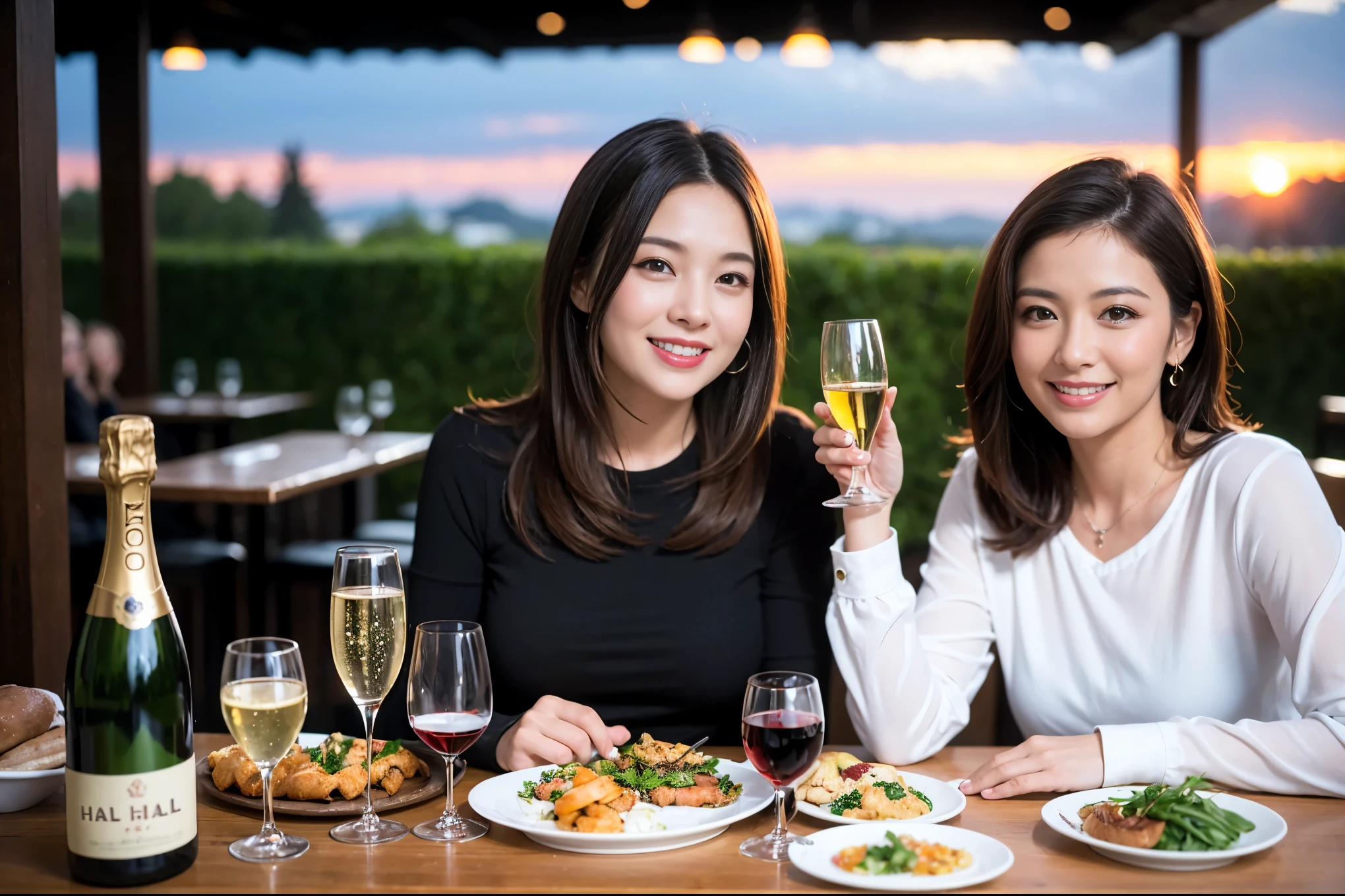 ((highest quality、8k、masterpiece:1.3))、1 male 1 female、Lovers、beautiful couple、Happy Smile、 (Slim face), (The body is スリム), (Brown Hair), (Shortcuts), ((Bob Hale、Straight hair:1.2)), テーブルの上のwine glass、Please put light on my face、 Amazing view of the sunset sky and clouds、The wonderfulness of smiles、 (43 years old), 39 years old, red wine 、Appetizers、Italian food、Wine bottle、Champagne、sparkling wine、Long sleeve shirt、dress、restaurant, Nova Frog Style, actress, model, Upper Body, White wine, red wine, wine glass,