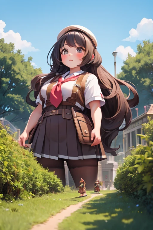 fantastic realism,The female giant bravely enters the Lilliputian country,高度Detailed footage of the giantess,Detailed footage of the giantess,giantess art,girl,Short sleeve,(((Lots of little people interacting with giants)))
