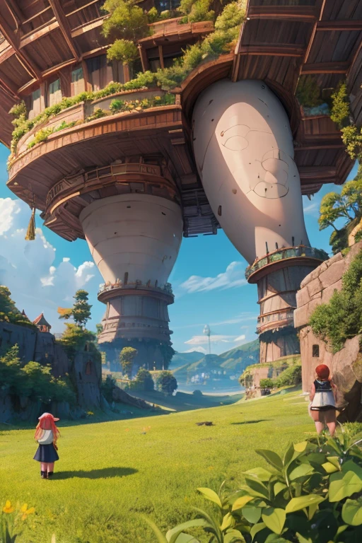 fantastic realism，The female giant bravely enters the Lilliputian country，高度Detailed footage of the giantess，Detailed footage of the giantess，giantess art，schoolgirl，Short sleeve，（（（Lots of little people interacting with giants）））