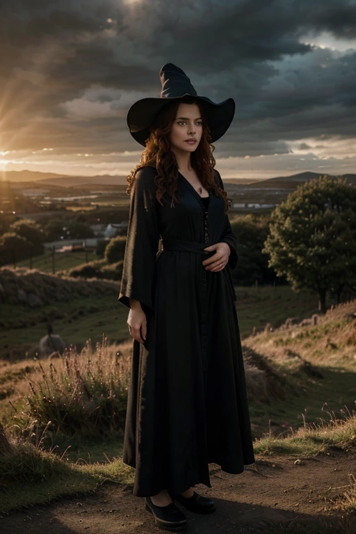 detailed cinematic full body shot of a 35 year old woman with reddish curly hair wearing a black robe, pointy witch wizard hat, in an irish landscape, intricate celtic knot patterns, dramatic cloudy sky, sunlight rays, golden hour, hyperrealistic, photorealistic, 8k, masterpiece