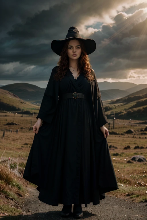 detailed cinematic full body shot of a 35 year old woman with reddish curly hair wearing a black robe, pointy witch wizard hat, in an irish landscape, intricate celtic knot patterns, dramatic cloudy sky, sunlight rays, golden hour, hyperrealistic, photorealistic, 8k, masterpiece