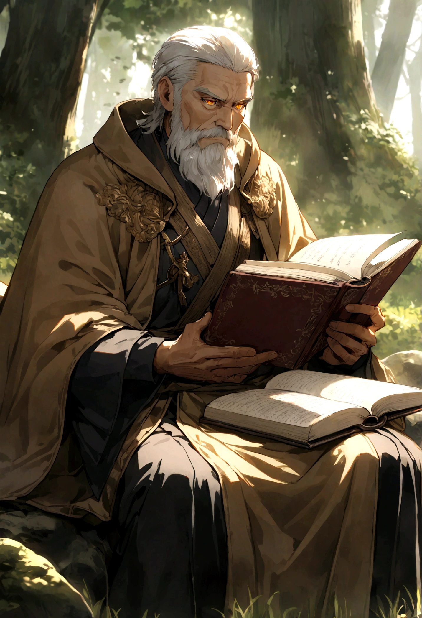 A 60 year old man who is a swordsman. Golden eye irises, serious look, white hair combed back, short beard well combed. Dressed in a dark blue outfit and brown cloak. Sitting on a rock in the forest. Reading a book, sword sheathed at his waist. The sun's rays hovering over him. (Detailed eyes, detailed sword, detailed book.)