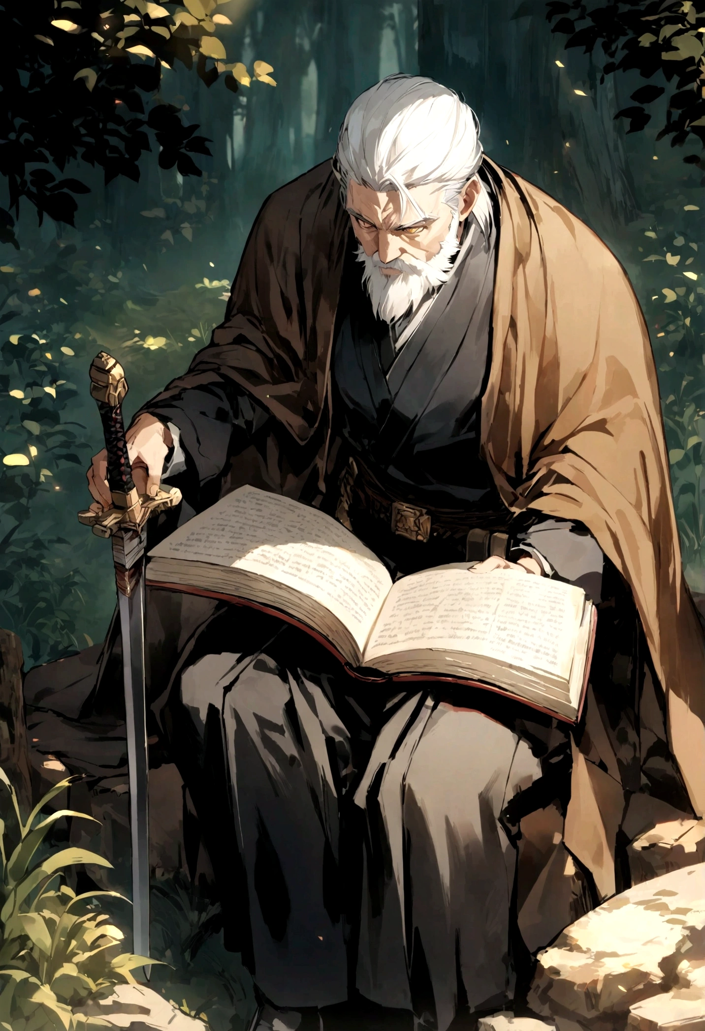 A 60 year old man who is a swordsman. Golden eye irises, serious look, white hair combed back, short beard well combed. Dressed in a dark blue outfit and brown cloak. Sitting on a rock in the forest. Reading a book, sword sheathed at his waist. The sun's rays hovering over him. (Detailed eyes, detailed sword, detailed book.)