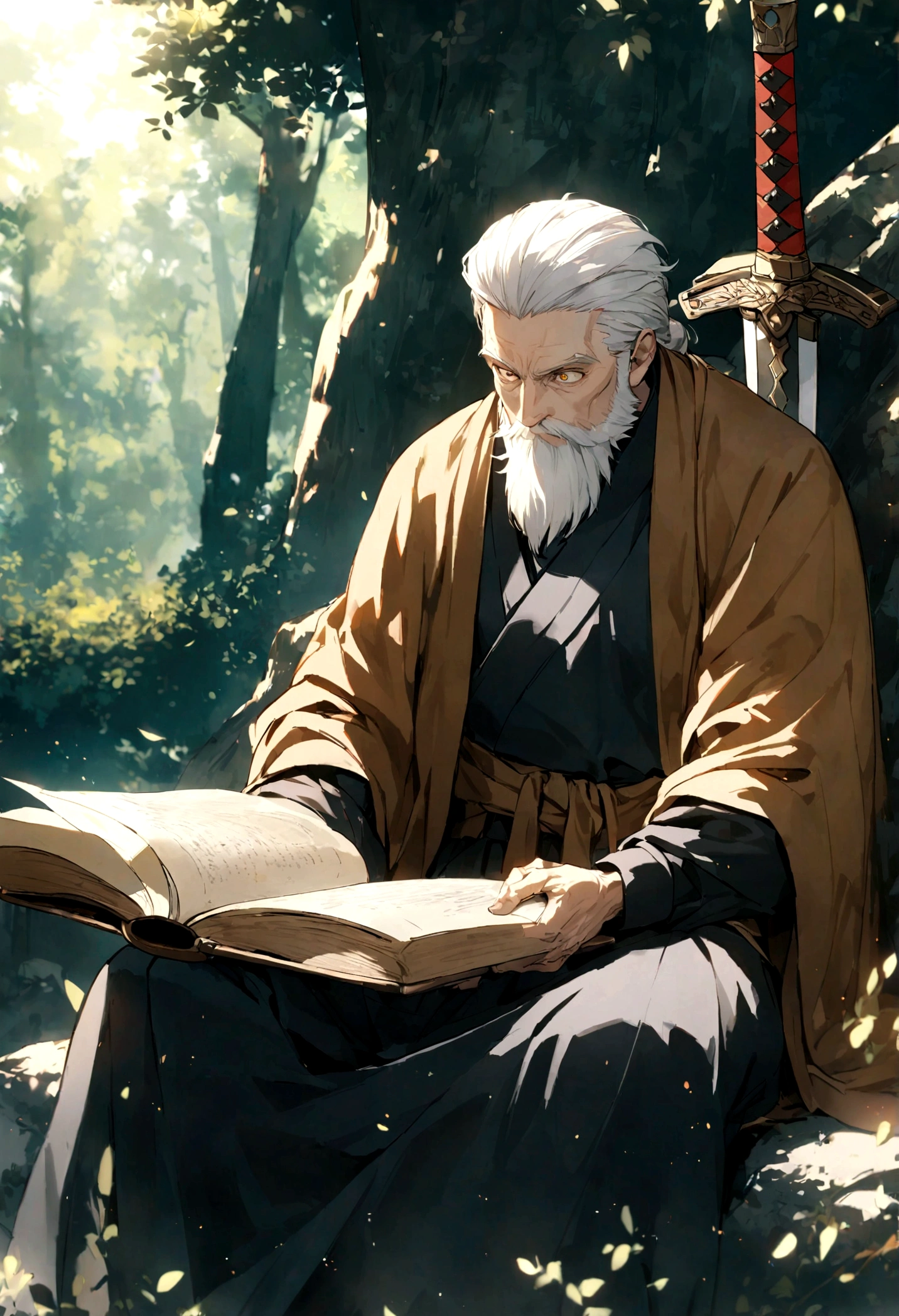 A 60 year old man who is a swordsman. Golden eye irises, serious look, white hair combed back, short beard well combed. Dressed in a dark blue outfit and brown cloak. Sitting on a rock in the forest. Reading a book, sword sheathed at his waist. The sun's rays hovering over him. (Detailed eyes, detailed sword, detailed book.)