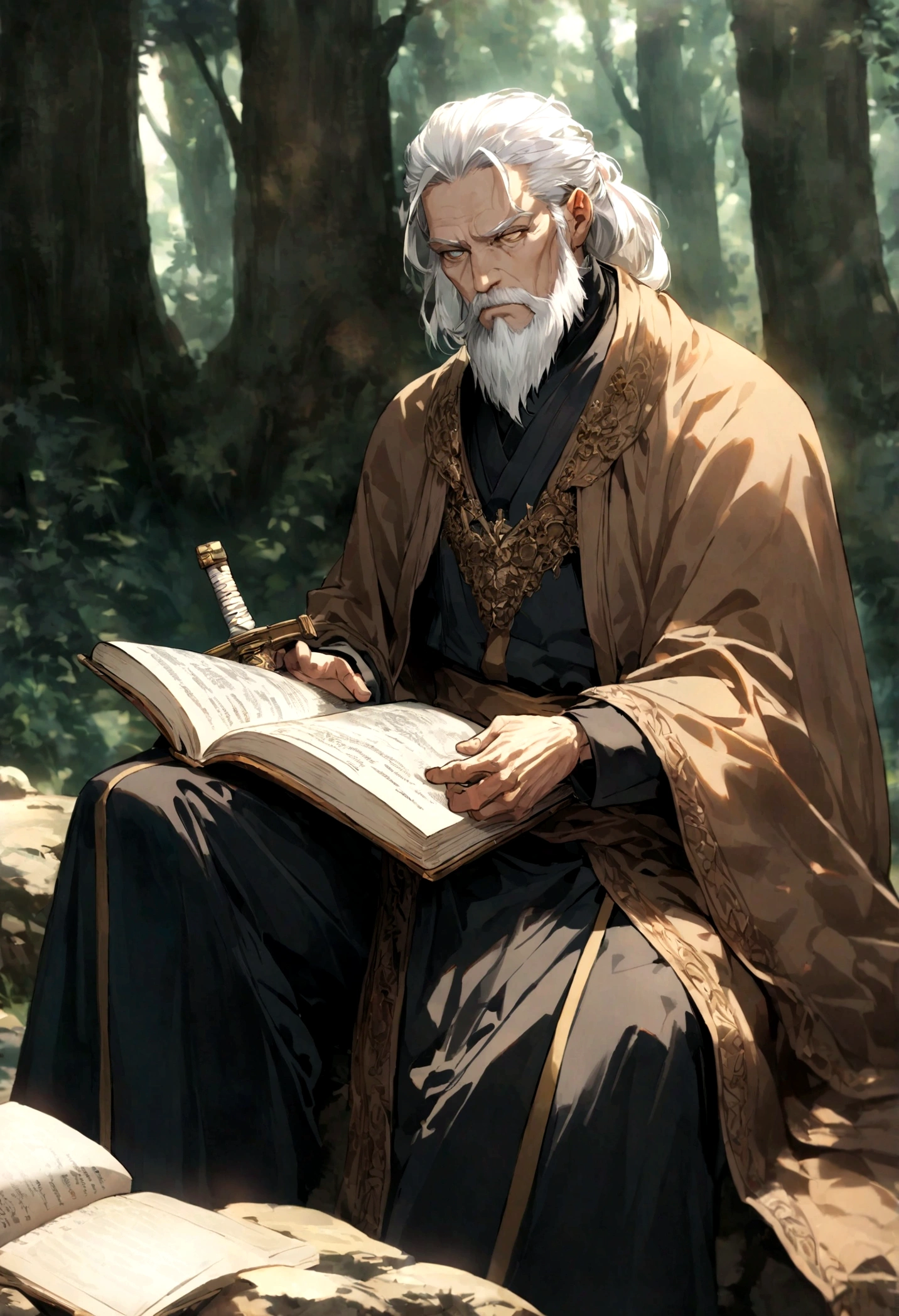 A 60 year old man who is a swordsman. Golden eye irises, serious look, white hair combed back, short beard well combed. Dressed in a dark blue outfit and brown cloak. Sitting on a rock in the forest. Reading a book, sword sheathed at his waist. The sun's rays hovering over him. (Detailed eyes, detailed sword, detailed book.)