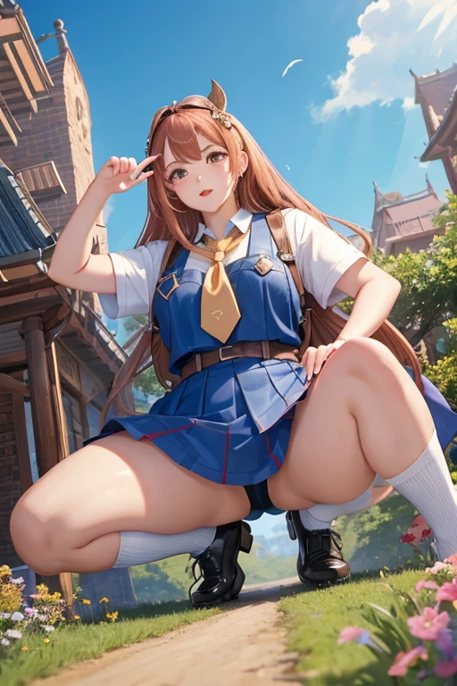 fantastic realism，The female giant bravely enters the Lilliputian country，高度Detailed footage of the giantess，Detailed footage of the giantess，giantess art，girl，Short sleeve，（（（Lots of little people interacting with giants）））