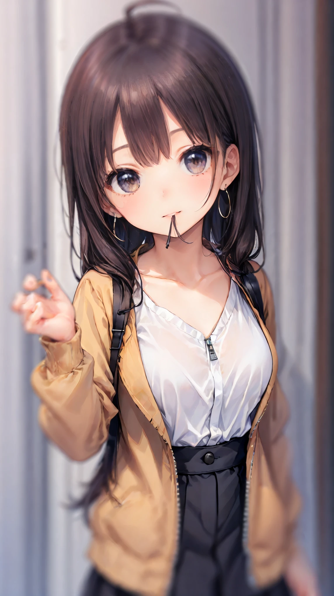 One girl, Ahoge, bangs, black skirt, black sweater, Blue Claws, Blurred, Blurred background, chest, Brown eyes, Brown Hair, brown Jacket, Mouth closed, Day included, Day, Depth of written boundary, Earrings, eyelash, Raise your hand, Tilt your head, Jacket, jewelry, Long Hair, Long sleeve, View Viewer, medium chest, Manicure, Open clothes, open Jacket, Outdoor, Pursed lips, Tucked in shirt, Side Lock, skirt, Sleeves are longer than the wrist, alone, sweater, Upper Body, zipper, smile, ((masterpiece)), 