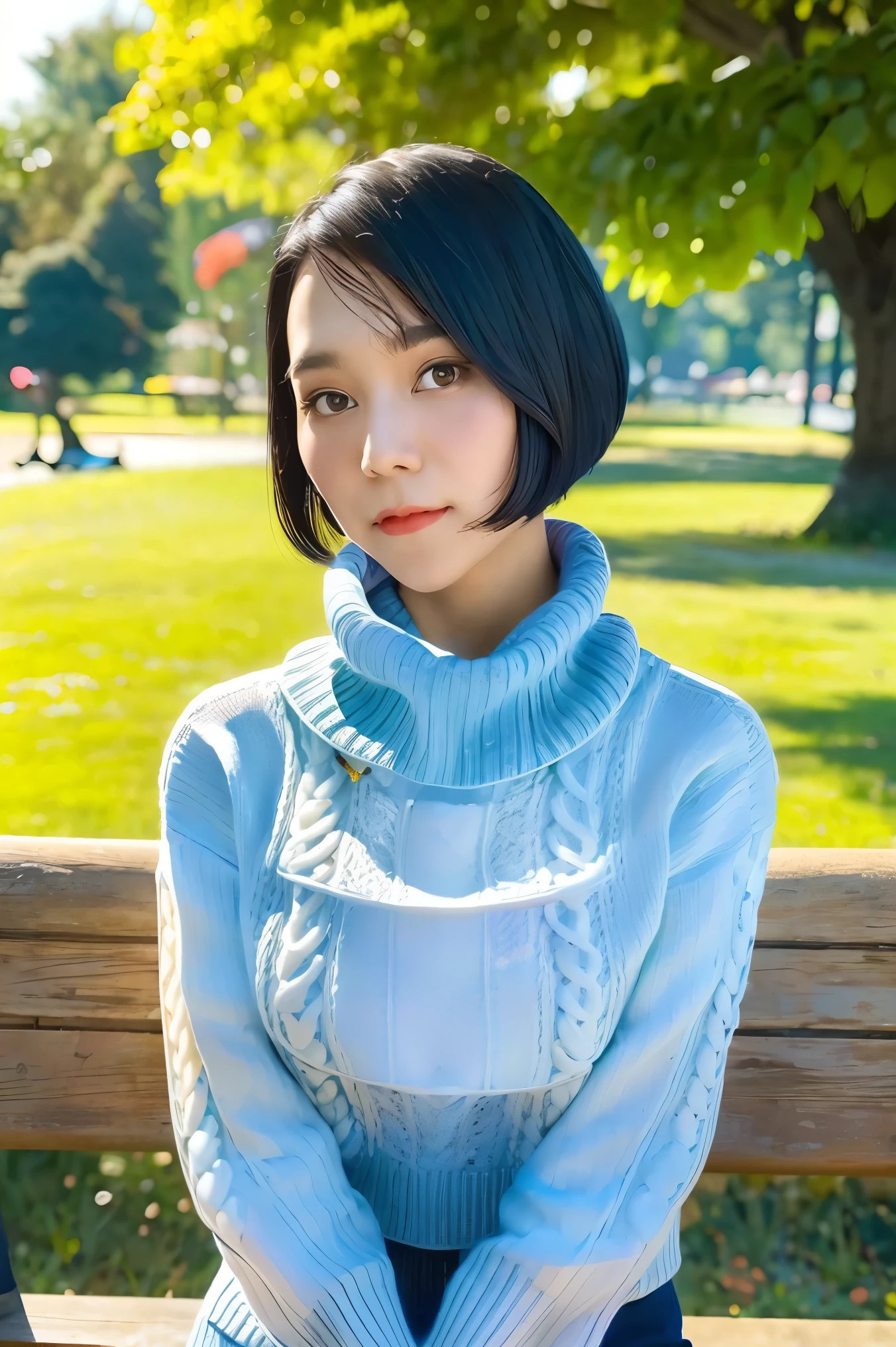 pureerosface_v1:0.3, best quality, photorealistic, 8k, high res, full color, 1girl, woman, 20 years old woman, (closed mouth:1.7), (skindentation), (portrait:0.6), trees, park bench, daylight, ((park background:1.52)), full color, ((necksweater:1.68)), looking at viewer:1.8, (1girl eyes looking at viewer:1.55), (short-length hair, blackhair, partedhair:1.45), (bokeh), 