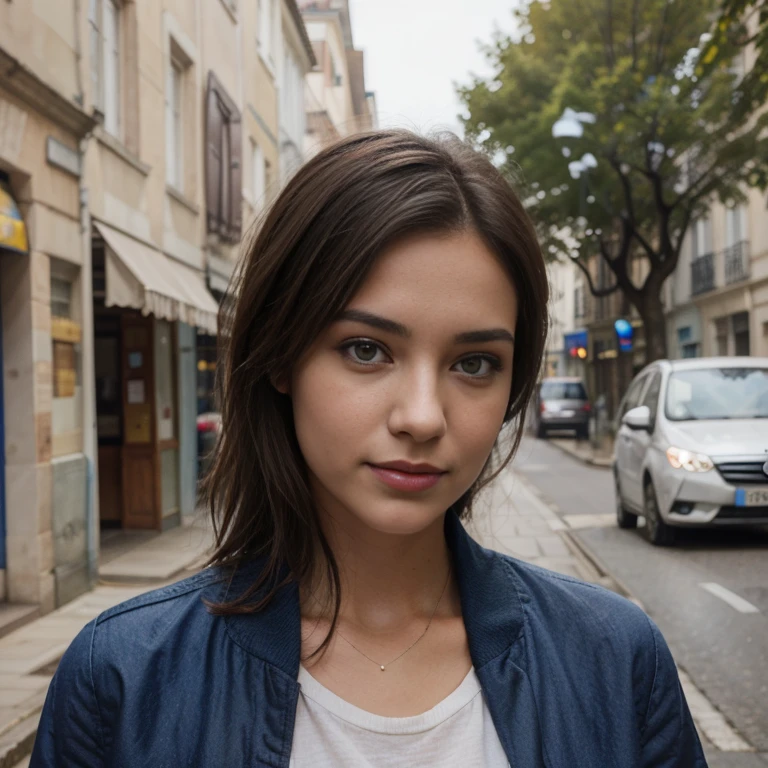 jeune femme de 25 ans, Brune aux yeux bleus, habille court, pluie d'Summer, bare shoulders, Coupe-bas, in a medieval village, murs en anciennes pierres, portes en bois