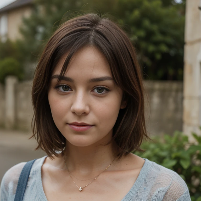 jeune femme de 25 ans, Brune aux yeux bleus, habille court, pluie d'Summer, bare shoulders, Coupe-bas, in a medieval village, murs en anciennes pierres, portes en bois