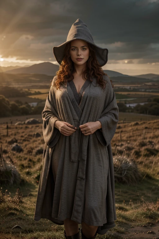 detailed cinematic full body shot of a 35 year old woman with reddish curly hair wearing a grey robe, pointy witch wizard hat, in an irish landscape, intricate celtic knot patterns, dramatic cloudy sky, sunlight rays, golden hour, hyperrealistic, photorealistic, 8k, masterpiece