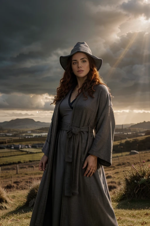 detailed cinematic full body shot of a 35 year old woman with reddish curly hair wearing a grey robe, pointy witch wizard hat, in an irish landscape, intricate celtic knot patterns, dramatic cloudy sky, sunlight rays, golden hour, hyperrealistic, photorealistic, 8k, masterpiece