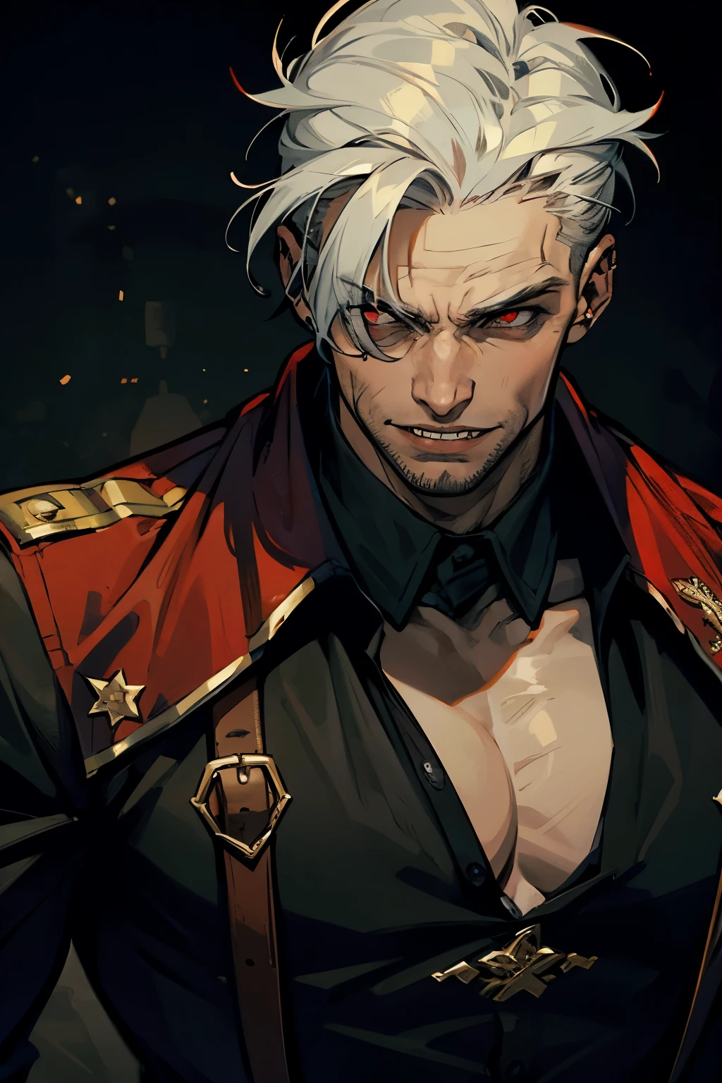 1 person masterpiece, ((Young handsome man)), very beautiful, perfect face, expressive, crazy smile, close-up, shows teeth, fangs, a vampire, military, close-up, insane, dark, night, Cinematic, hot, bully, Red eyes, ((клыки a vampireа)), High quality, detailed portrait, dark, pumped up, A lot of muscles, strong, (brutal), a vampireские клыки